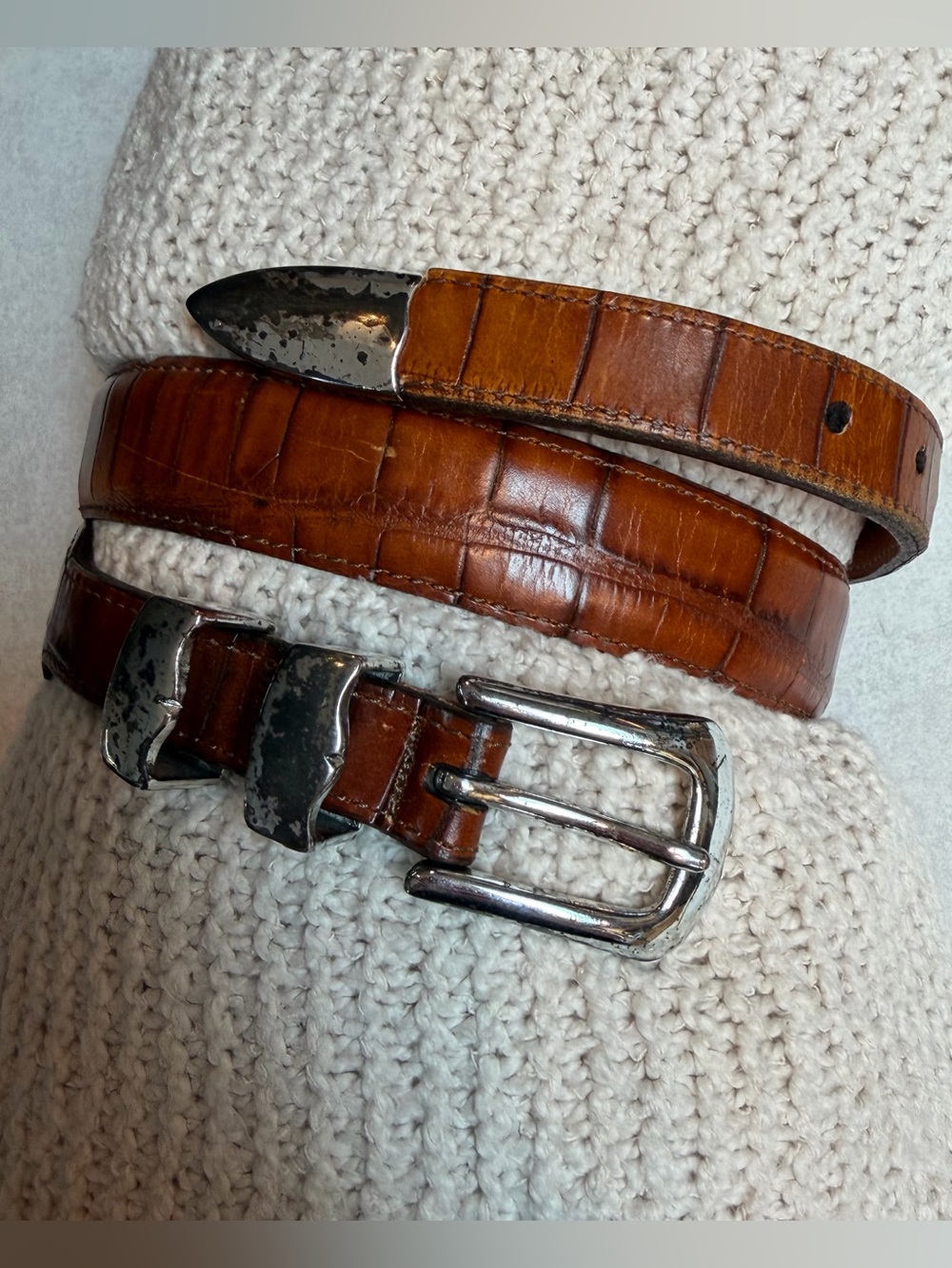 Martin Dingman Croc-Embossed Tan/Brown Leather Belt with Silver Buckle